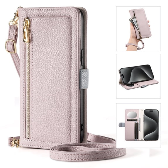 ESEBLE Leather For iPhone 16 Pro Case With 3-Card Holder Zipper Bills Slot, Makeup Mirror,Soft PU Leather Detachable Lanyard Shoulder Strap And Wristlet Wallet Case,Purple,For iPhone 16 Pro