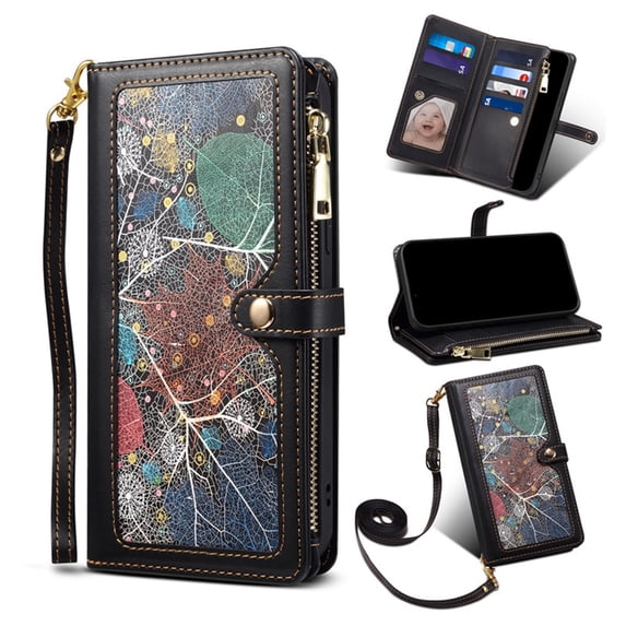 ESEBLE Leather For iPhone 17 Pro Case【RFID Blocking】with Multi-Card Holder Zipper Bills Slot, Soft PU Leather Magnetic Detachable Lanyard Shoulder Strap And Wristlet Wallet Case,Black