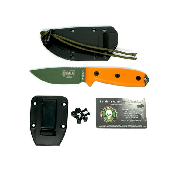 ESEE Knives ESEE-3 Fixed Blade Knife 3.88" Drop Point 1095 Olive Drab Blade Micarta Handle Orange
