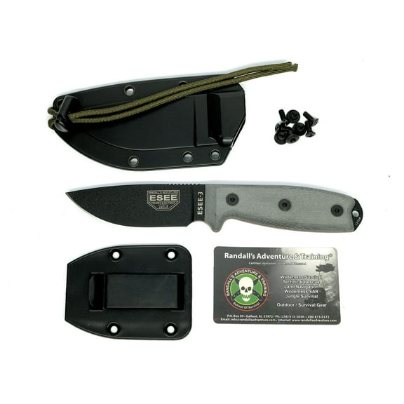 ESEE Knives ESEE-3 Fixed Blade Knife 3.88" Drop Point 1095 Black Blade Micarta Handle Gray