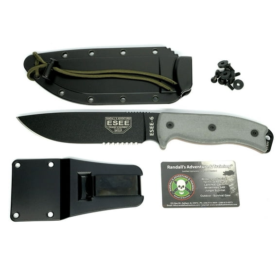 ESEE 6S-B Knife Black Serrated 1095 Carbon Steel & Gray G10 Knives w/ Black Sheath