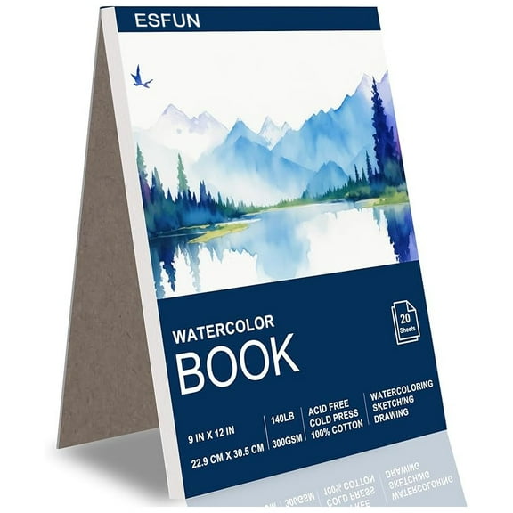 ESFUN Watercolor Paper Pad, Cold Press 9"x12" Watercolor Paper Book, 100% Cotton Watercolor Pad, 140lb/ 300gsm, 20 Sheets Art Supplies for Kids Adults