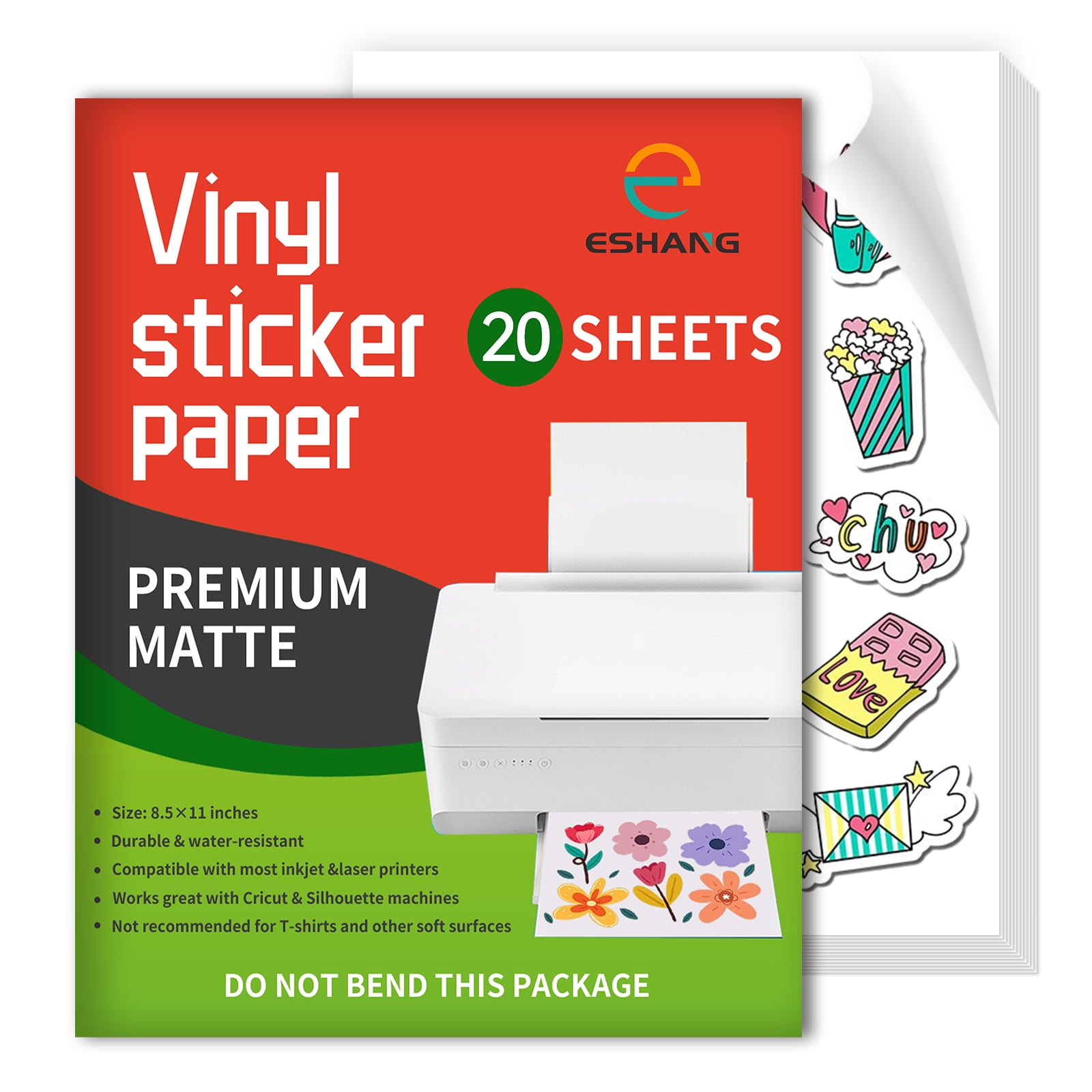 ESHANG Letter Size 8.5"x11" Printable Vinyl Sticker Paper for Inkjet Printer 20 Sheets Matte White Waterproof Decal Paper Self-Adhesive Sheets - Dries Quickly and Holds Ink Beautifully