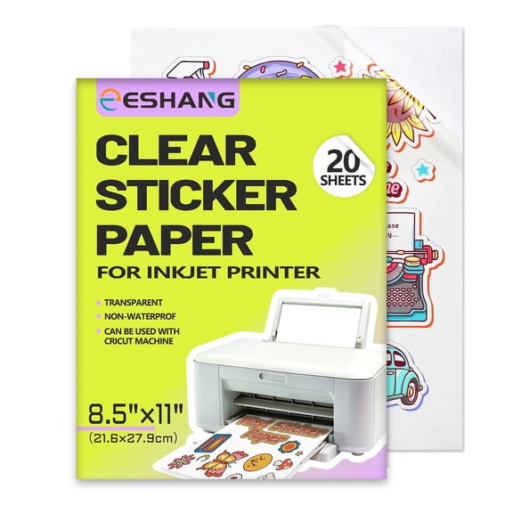 ESHANG Printable Vinyl Sticker Paper for Inkjet Printer Clear Transparent Self-Adhesive Sheets 8.5x11 Vinyl Stickers 20 Pack
