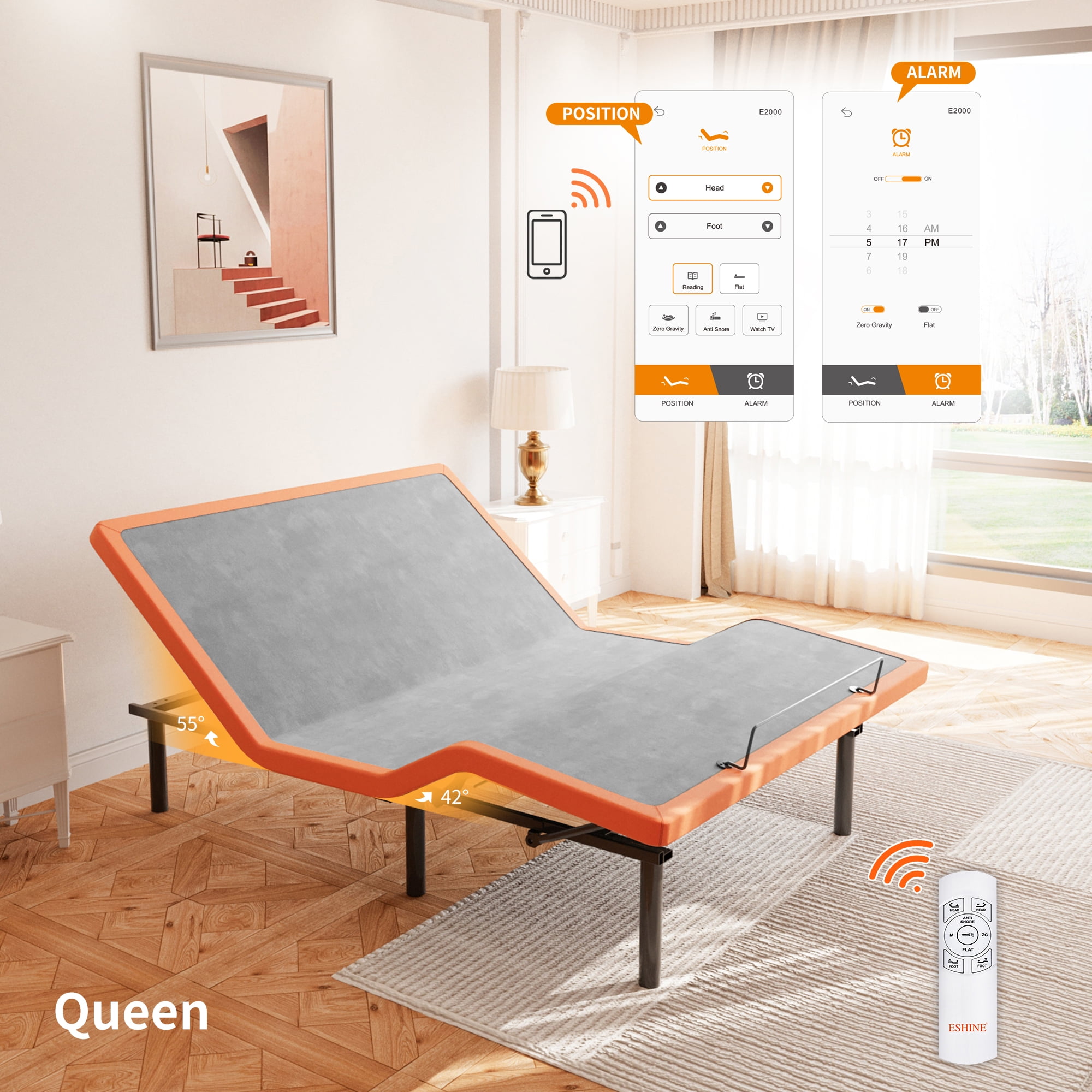 ESHINE Adjustable Bed Frame Queen, Wireless Remote&Bluetooth App ...