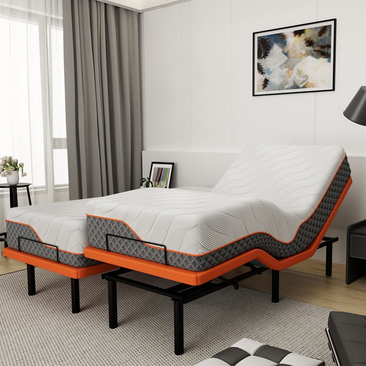 ESHINE Adjustable Bed Frame Split King + Memory Foam Hybrid 14 inch