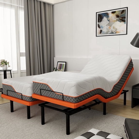 ESHINE Adjustable Bed Frame Split King + Memory Foam Hybrid 14-inch Mattress, with Wireless Remote&Bluetooth App, Head and Foot Incline, 2000 Series