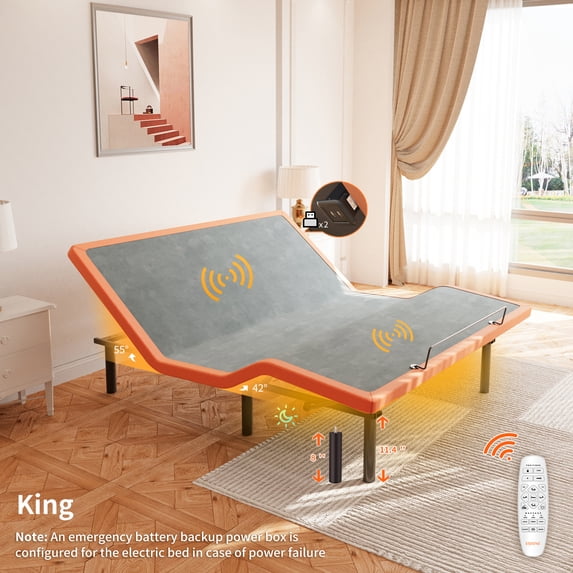 ESHINE King Adjustable Bed Frame, with Massage, Wireless Remote, USB, Under Bed Night Light, Head and Foot Incline, 3000 Series