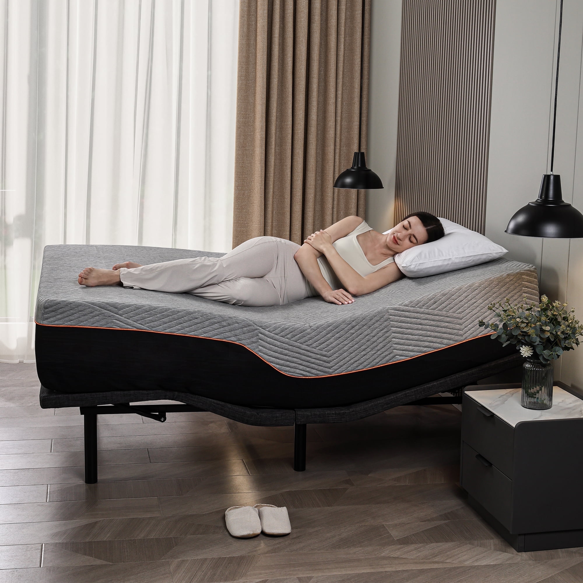 Queen Adjustable Bed Frame with 14-Inch Gray Memory Foam Mattress