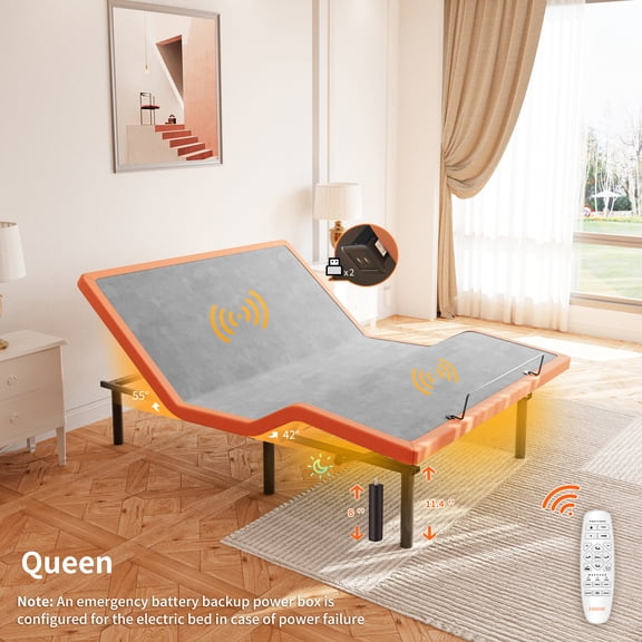 ESHINE Queen Adjustable Bed Frame, with Massage, Wireless Remote, USB, Under Bed Night Light, Head and Foot Incline, 3000 Series