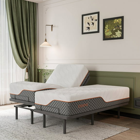 ESHINE Split King Adjustable Bed Frame - 14 inch Hybrid Memory Foam Mattress, with Massage, Wireless Remote, USB, Under Bed Night Light, Head and Foot Incline