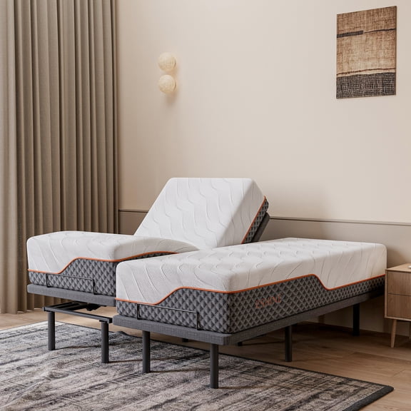 ESHINE Split King Adjustable Bed Frame and 14 Inch Hybrid Mattress Bundle, Massage, USB Ports, Head and Foot Incline, Gray, 3100 Series