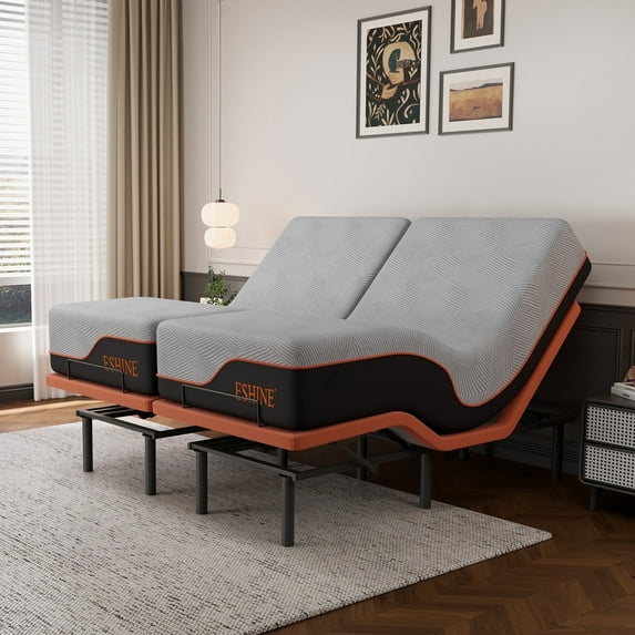 ESHINE Split King Adjustable Bed Frame-14 inch Memory Foam Mattress, Wireless Remote, Bluetooth App Control, Head and Foot Incline, Gray