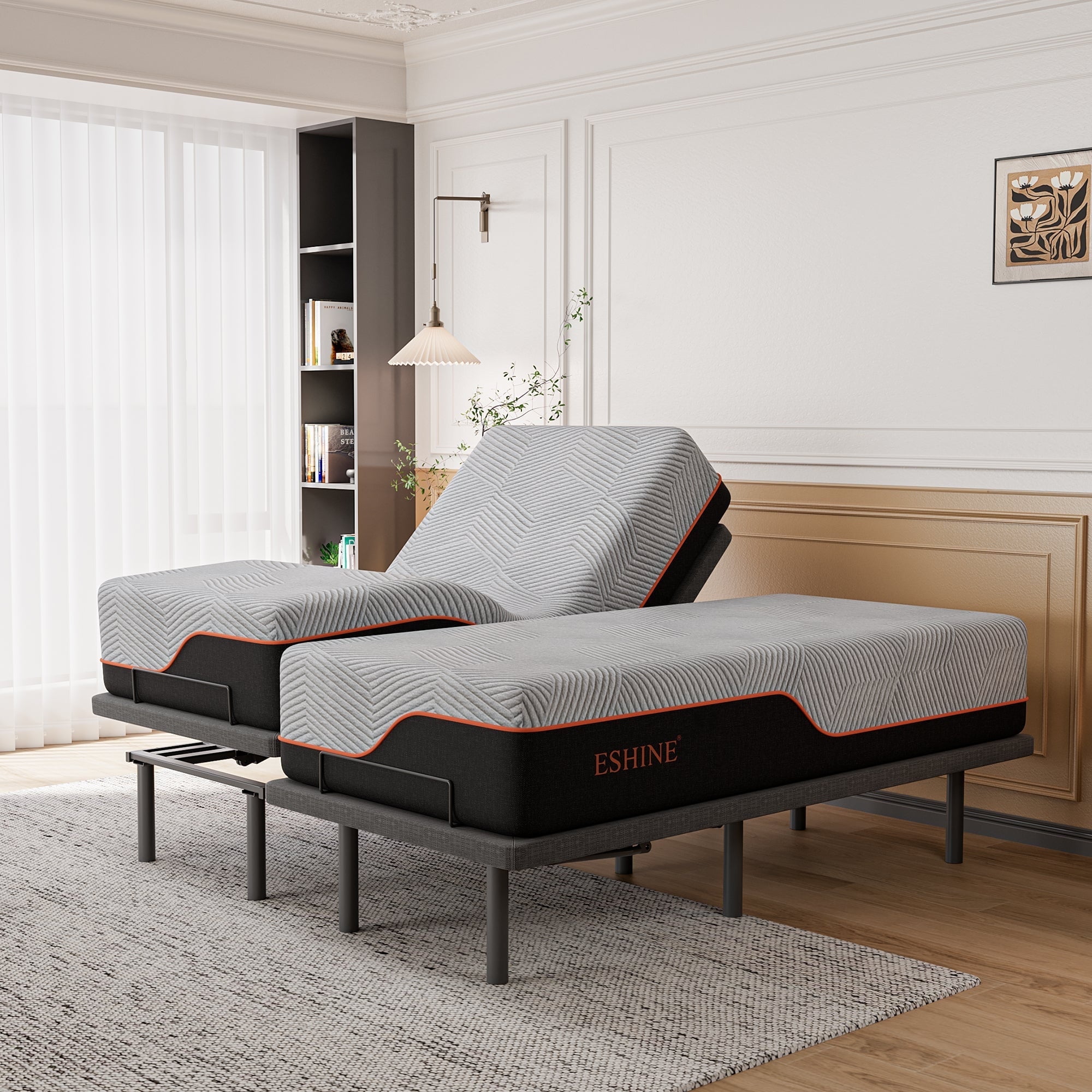 ESHINE Split King Adjustable Bed with 14-Inch Gray and Black Memory Foam Mattress