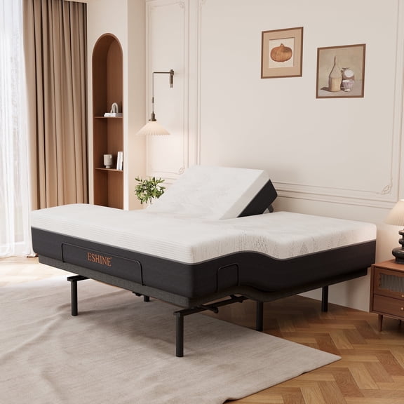 ESHINE Split Top King Adjustable Bed Frame with 14" Gel Memory Foam Mattress - Electric Upholstered Base, Massage Function, Wireless Remote, Head & Foot Incline, USB Ports, Under Bed Light, Grey