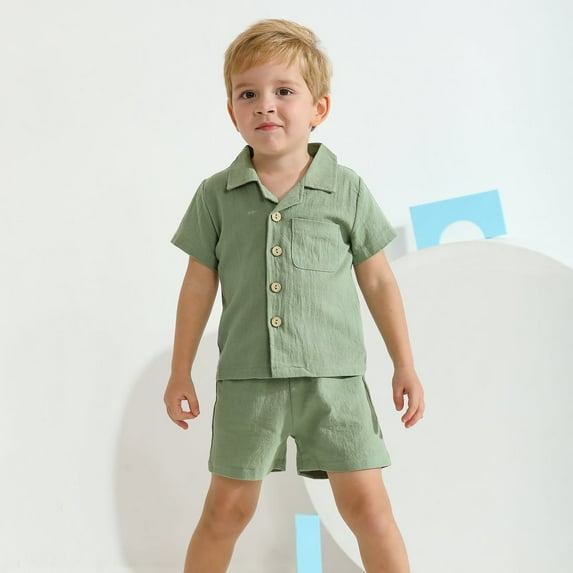 ESHOO 1T-5T Toddler Boys Summer Shorts Outfits Cotton Button-Down Shirts + Shorts Set