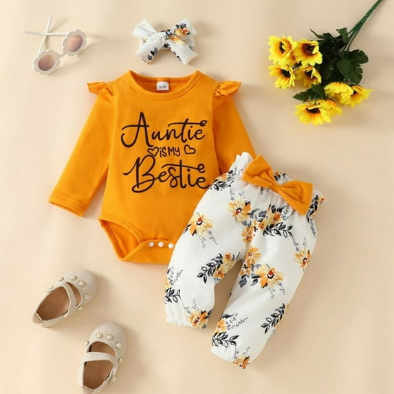 ESHOO 3Pcs Infant Newborn Baby Girls Outfits Romper Long Pants Set Ruffle Bodysuit + Floral Pant + Headband for Baby Girl 0-18 Months