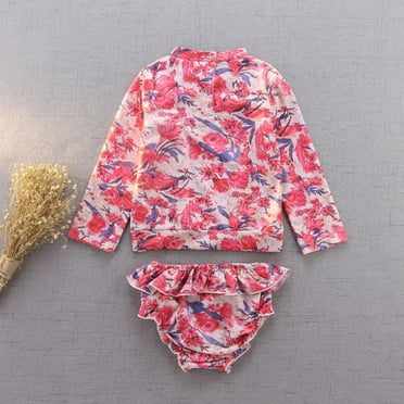 ESHOO Toddler Girls Rashguard Swimsuit Set, Little Girl Long Sleeve Floral Bathing Suits Swimwear, 2 Pieces, 1-9T