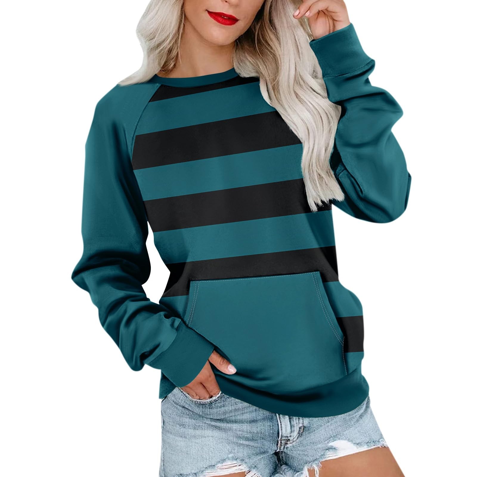 ESIGTZO Sweatshirts for Women with Pockets Crewneck Long Sleeve Striped