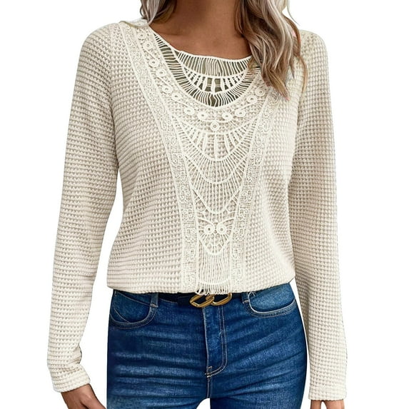 ESIGTZO Women's Winter Solid Color Lace Stitching Hollow Round Neck Women's Long Sleeved T Shirt Casual Tee Tops Casual Work Shirts Flowy Tunic Blouses Oversized Tee Shirts Tops