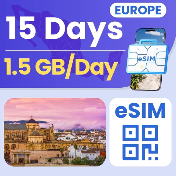 ESIM Cards for International Travel, Europe Prepaid eSIM Unlimited Data, 5-Day Plan (1.5GB/ Day), 4G LTE 5G Speed, Hotspot Supported, eSIM with Instant Activation in 10 Minutes