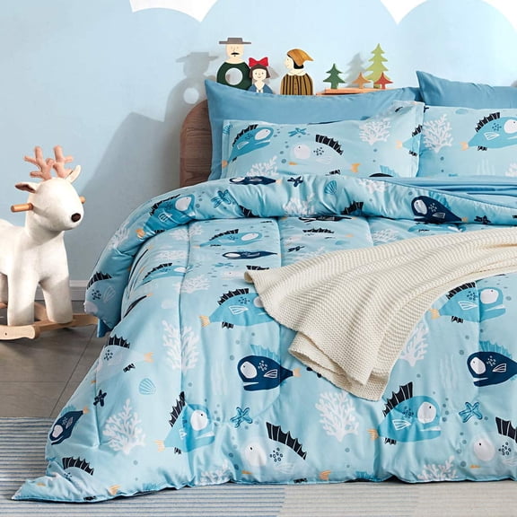 Sleep Zone Kids Full/Queen Bedding Comforter Set - 7 Pieces Super Cute & Soft Bedding Sets & Collections with Comforter, Sheet, Pillowcase & Sham - Fade Resistant Easy Care (Little Fish)