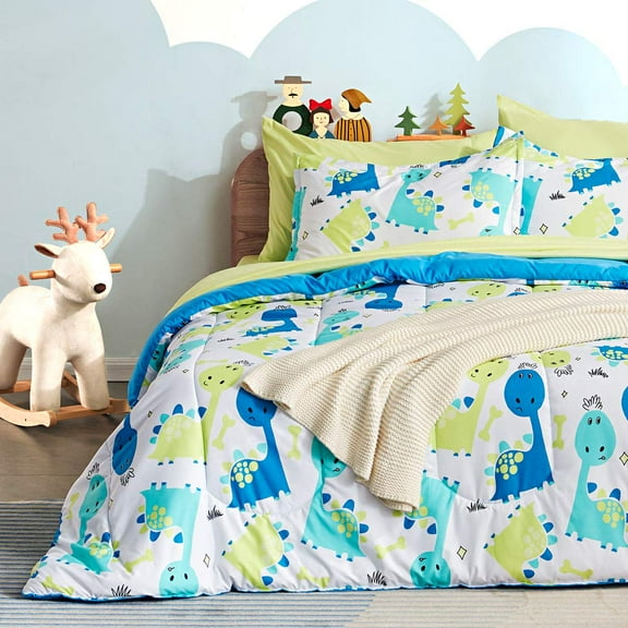 Sleep Zone Kids Full/Queen Bedding Comforter Set - 7 Pieces Super Cute & Soft Bedding Sets & Collections with Comforter, Sheet, Pillowcase & Sham - Fade Resistant Easy Care (Cute Dino)