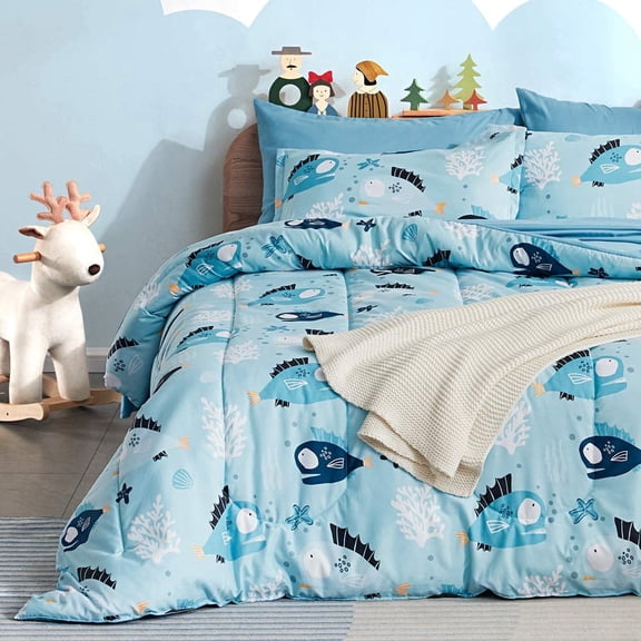 Sleep Zone Full Queen Kids Bedding Comforter Set, 7 Piece Cute Durable Children Bed in a Bag, Little Fish