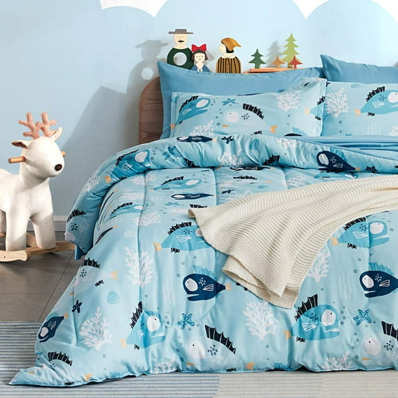 Sleep Zone Kids Full/Queen Bedding Comforter Set - 7 Pieces Super Cute & Soft Bedding Sets & Collections with Comforter, Sheet, Pillowcase & Sham - Fade Resistant Easy Care (Little Fish)