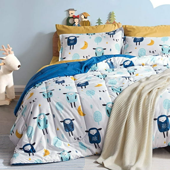 Sleep Zone Kids Full/Queen Bedding Comforter Set - 7 Pieces Super Cute & Soft Bedding Sets & Collections with Comforter, Sheet, Pillowcase & Sham - Fade Resistant Easy Care (Blue Sheep)