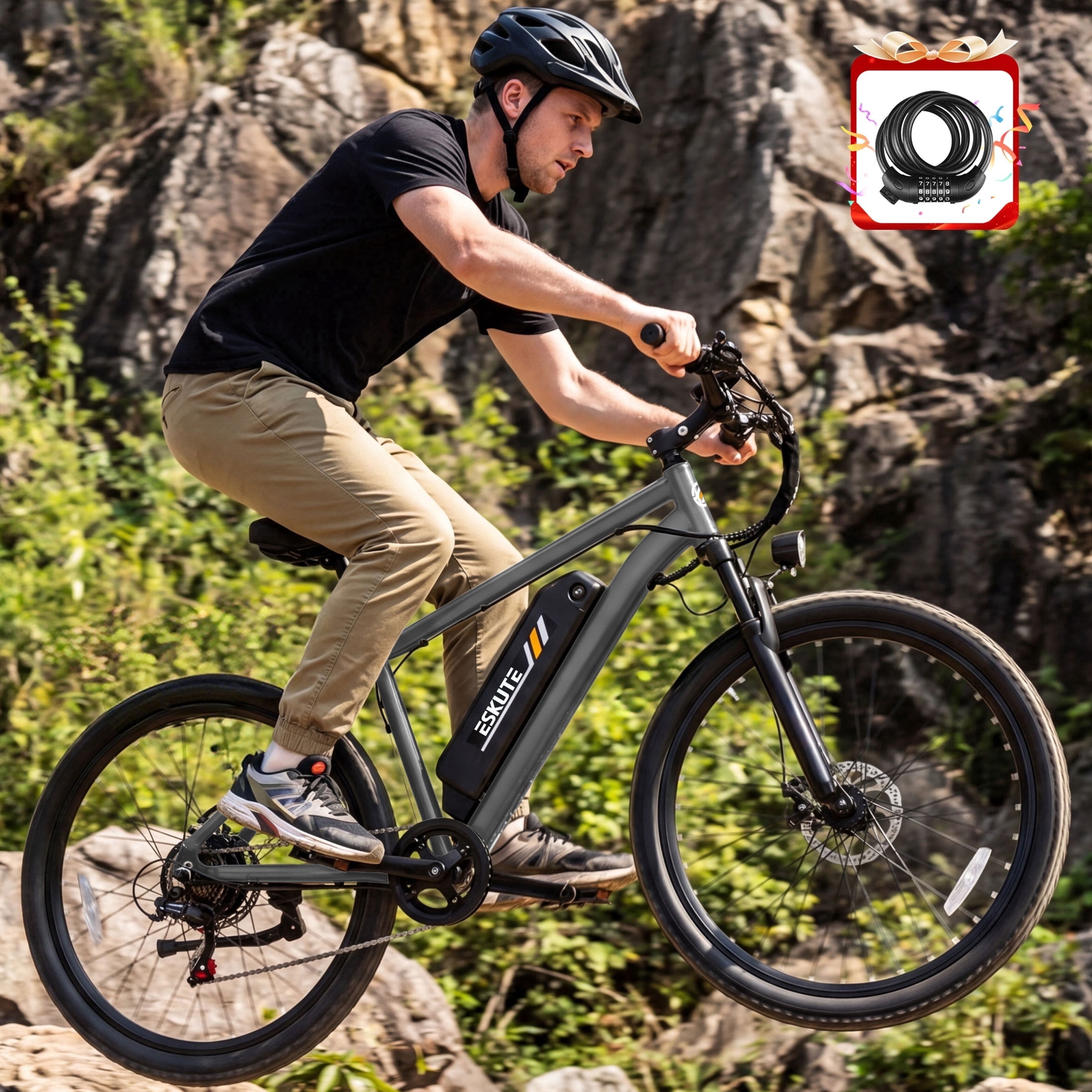 ESKUTE 750W Electric Bike for Adults, 21-Speed 27.5" Mountain Ebike, 20MPH, 48V 10.4Ah Removable Battery, Step-Over Design, with NFC Unlock, Gray with Lock