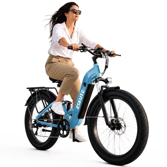 ESKUTE 1500W Electric Bike for Adults – 32 MPH, 80-Mile Range, 48V 20.8Ah Battery, 26"x4.0" Fat Tires, Full Suspension, Step-Thru, 8-Speed – Blue