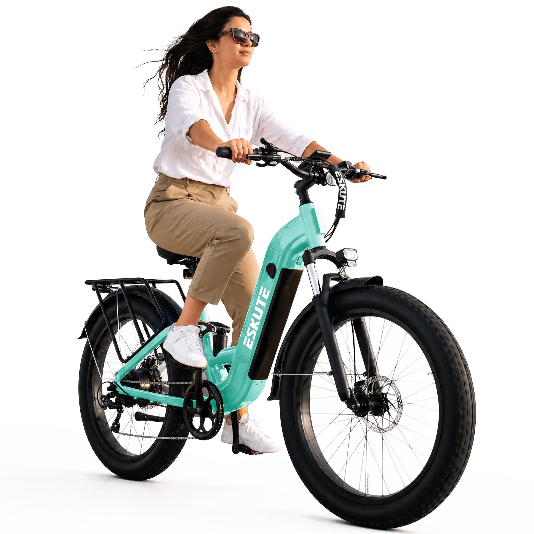 ESKUTE 750W Electric Bike for Adults – 20 MPH, 80-Mile Range, 48V 20.8Ah Battery, 26"x4.0" Fat Tires, Full Suspension, Step-Thru, 8-Speed – Pink