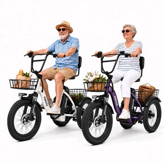 ESKUTE 2 Pcs T300 E Trike Electric Tricycle for Adults, 750W Brushless Motor 18MPH+ Fat Tire Folding Trike, Step-Thru 3 Wheel Electric Bicycle, Up to 55 Miles Purple & White, UL2849
