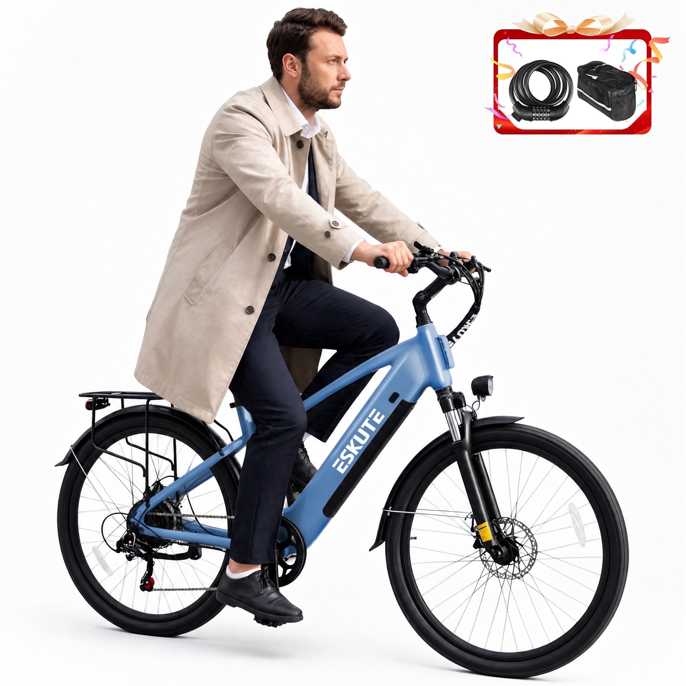 ESKUTE Adult Electric Bike – 70-Mile Range, 1300W Peak Motor, 28MPH, 840Wh Removable Battery, 26" Tires, 7-Speed Adjustable Stem, Step-Over Ebike, Blue with Phonebag & Lock