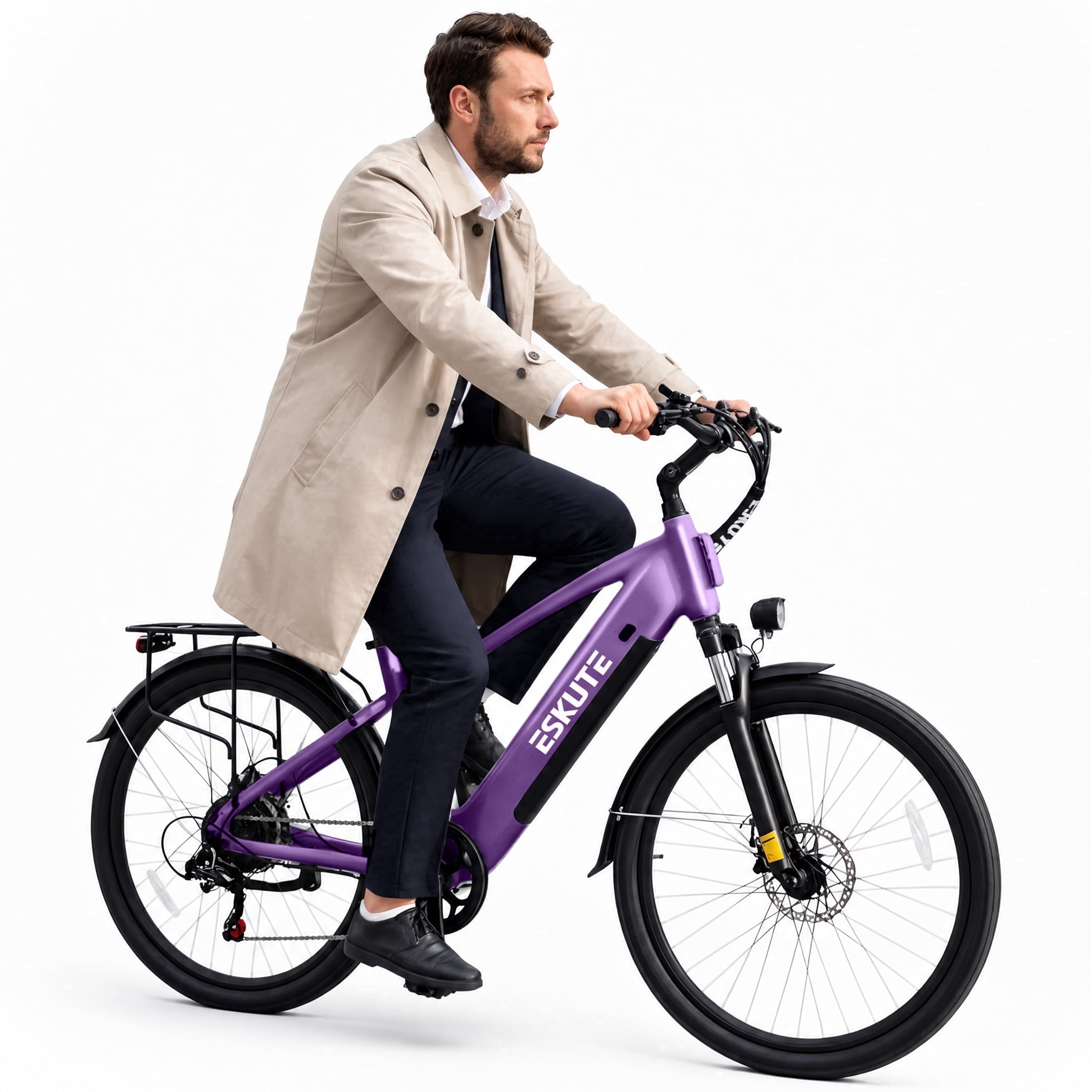 ESKUTE Adult Electric Bike – 70-Mile Range, 1300W Peak Motor, 28MPH, 840Wh Removable Battery, 26" Tires, 7-Speed Adjustable Stem, Step-Over Ebike, Purple
