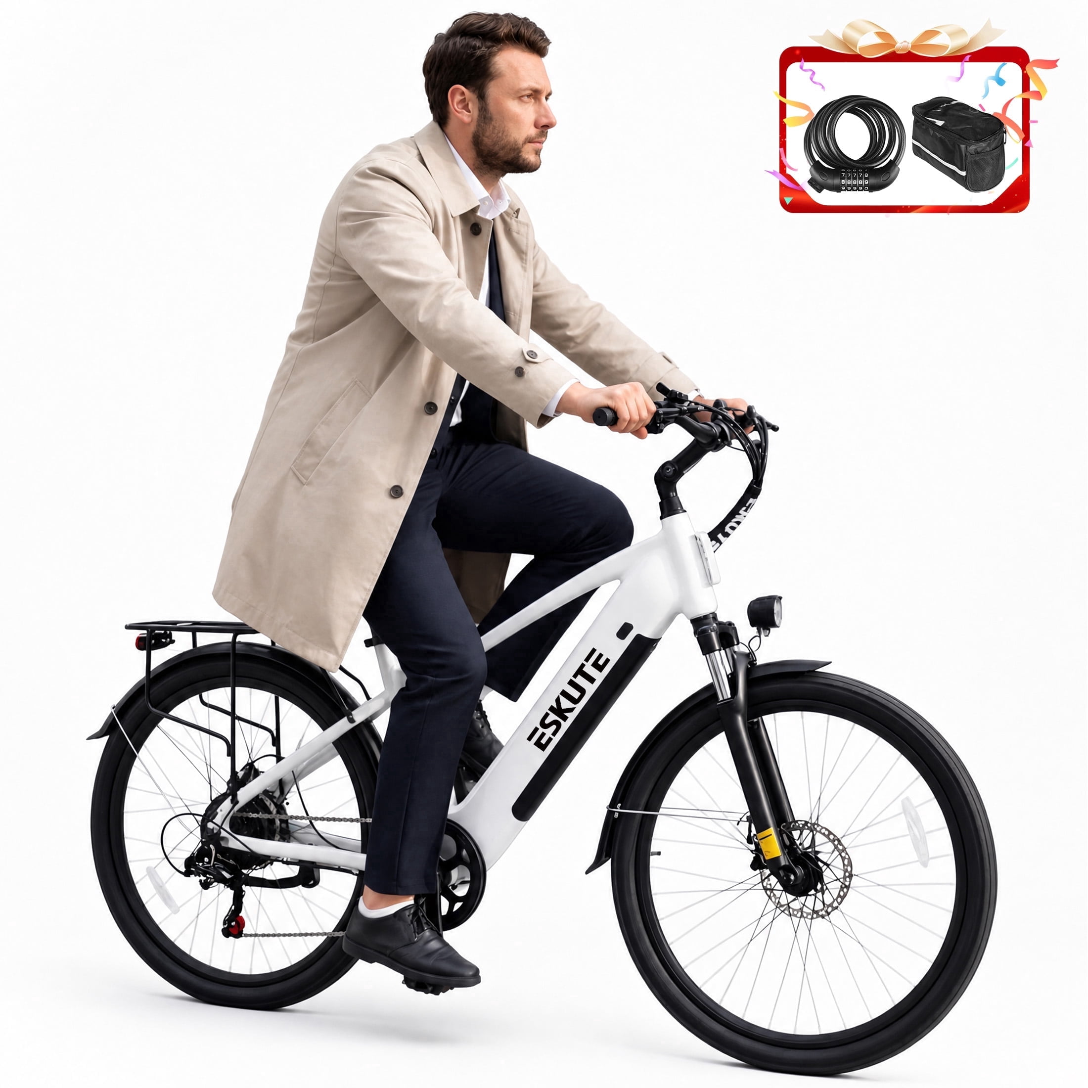 ESKUTE Adult Electric Bike – 70-Mile Range, 1300W Peak Motor, 28MPH, 840Wh Removable Battery, 26" Tires, 7-Speed Adjustable Stem, Step-Over Ebike, White with Phonebag & Lock