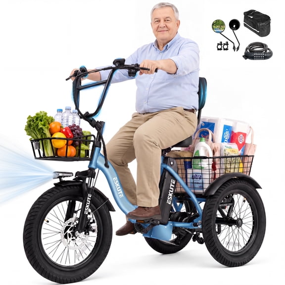 ESKUTE Adult Electric Tricycle, Folding Step-Thru E-Trike with Removable Battery, 18" x 3.0" Fat Tires, 3-Wheel Electric Bicycle for Daily Riding UL2849, Blue with Phonebag Mirror Lock