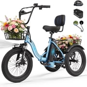 ESKUTE Adult Electric Tricycle, Folding Step-Thru E-Trike with Removable Battery, 18" x 3.0" Fat Tires, 3-Wheel Electric Bicycle for Daily Riding UL2849, Blue with Phonebag Mirror Lock