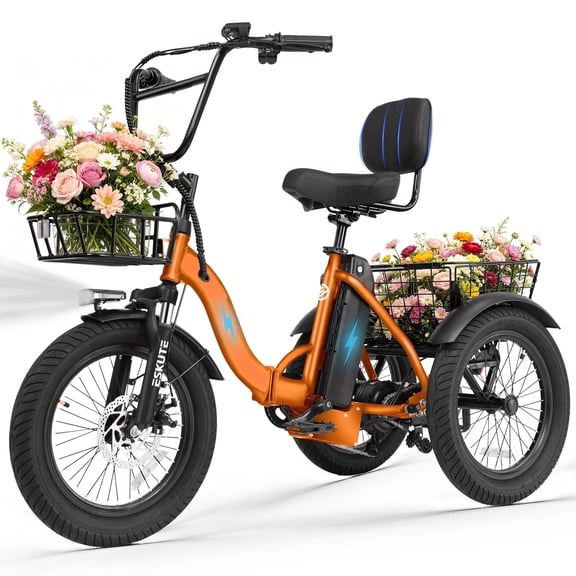 ESKUTE Adult Electric Tricycle, Folding Step-Thru E-Trike with Removable Battery, 18" x 3.0" Fat Tires, Long Range 3-Wheel Electric Bicycle for Daily Riding UL2849, Orange