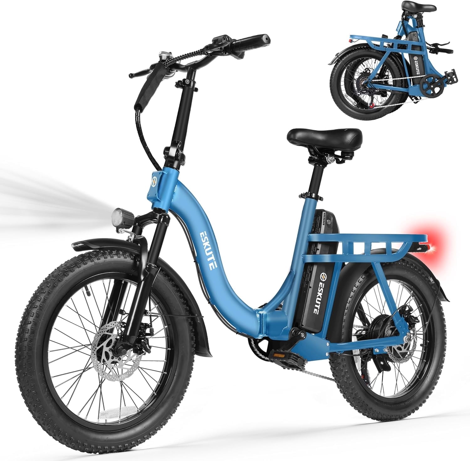 ESKUTE Blue Electric Bike for Adults – 1200W Peak Motor, Folding 20x3 Fat Tire E‑Bike, 500W Motor 48V 10.4Ah Battery, Step‑Through Cargo Fold Ebike, NFC Unlock, 19.5 MPH, 7‑Speed, Up to 55 Miles