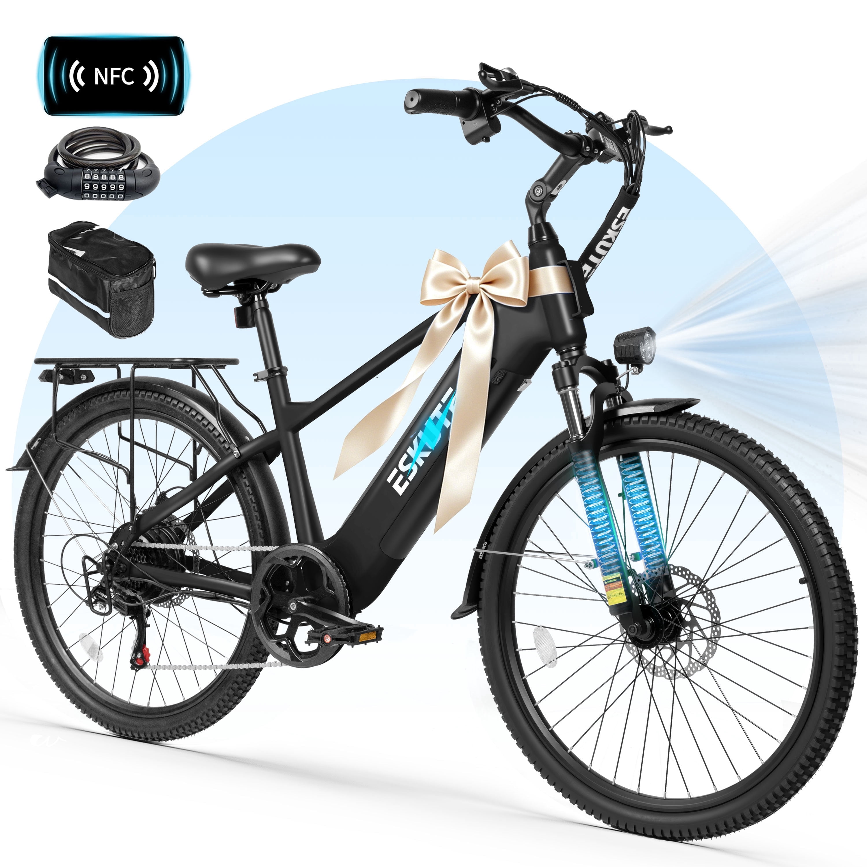ESKUTE C200D 70-Mile Electric Bike for Adults, 840Wh Removable Battery, 500W Motor, Up to 20MPH, 26" Tires, 7-Speed Step-Over E-Bike Purple, UL2849