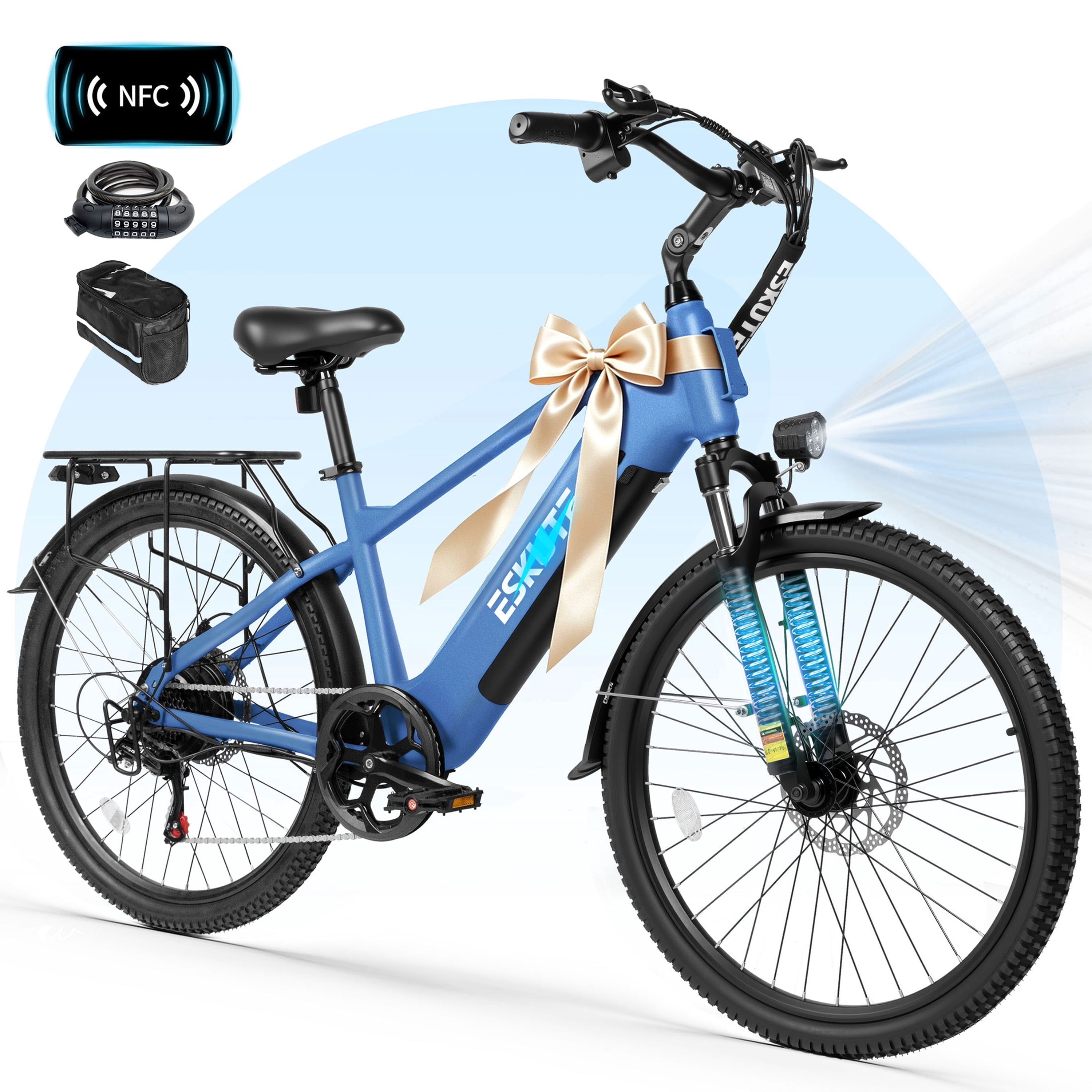 ESKUTE C200D 70-Mile Electric Bike for Adults, 840Wh Removable Battery, 500W Motor, Up to 20MPH, 26" Tires, 7-Speed Step-Over E-Bike Purple, UL2849