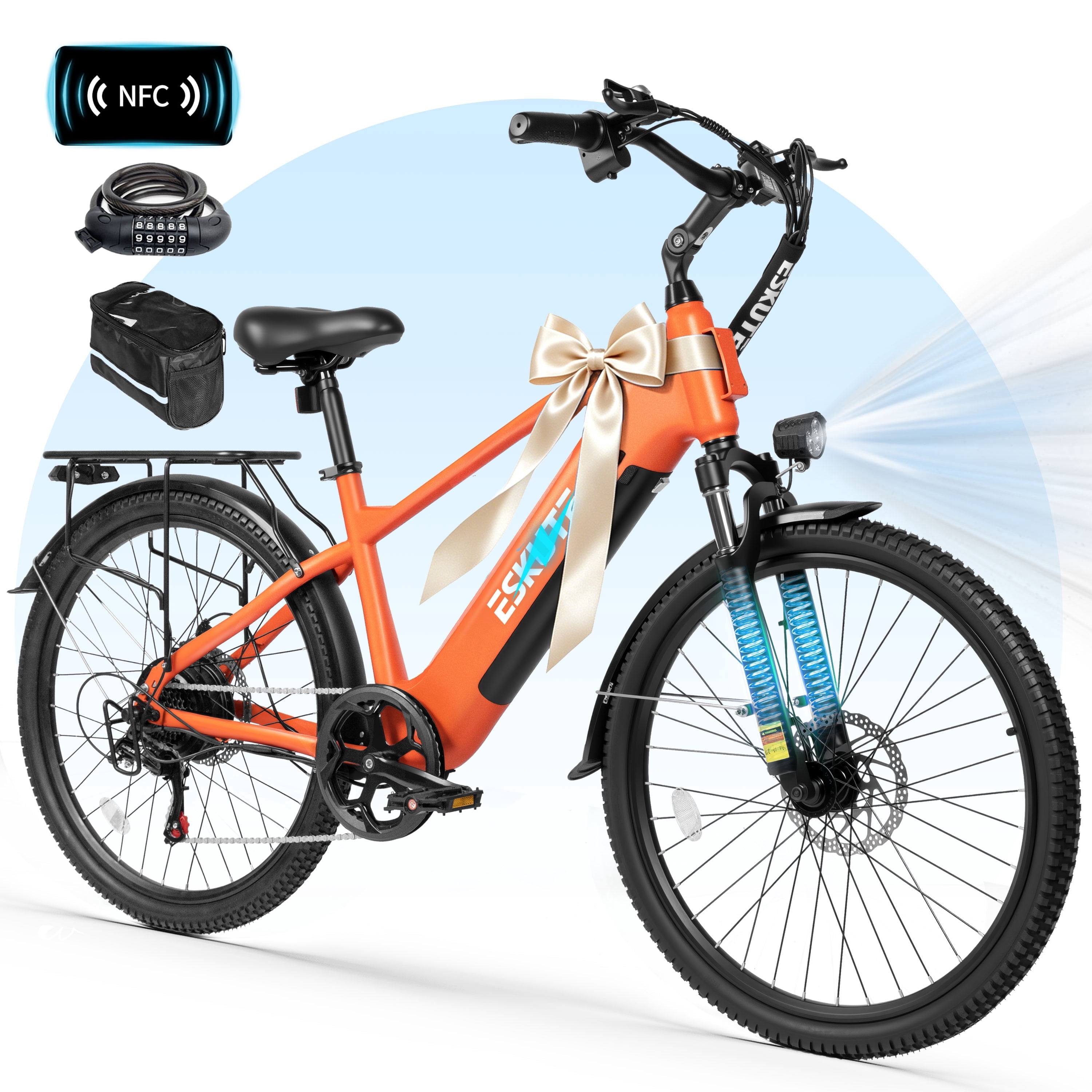 ESKUTE C200D 70-Mile Electric Bike for Adults, 840Wh Removable Battery, 500W Motor, Up to 20MPH, 26" Tires, 7-Speed Step-Over E-Bike Purple, UL2849