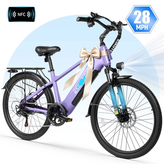 ESKUTE C200D 70-Mile Electric Bike for Adults, 840Wh Removable Battery, 1300W Peak Motor, Up to 28MPH, 26" Tires, 7-Speed Step-Over E-Bike Pale Purple, UL2849
