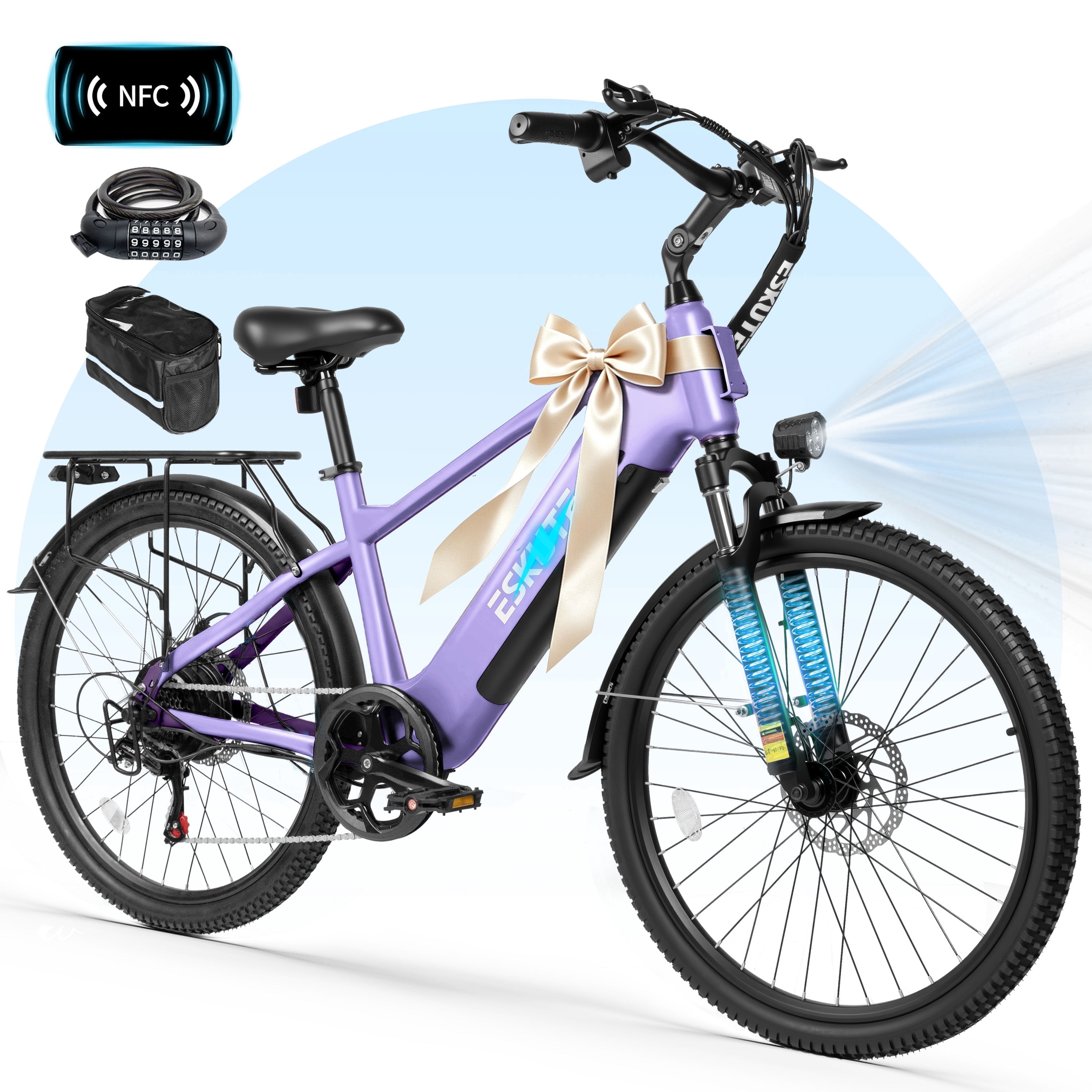 ESKUTE C200D 70-Mile Electric Bike for Adults, 840Wh Removable Battery, 500W Motor, Up to 20MPH, 26" Tires, 7-Speed Step-Over E-Bike Purple, UL2849