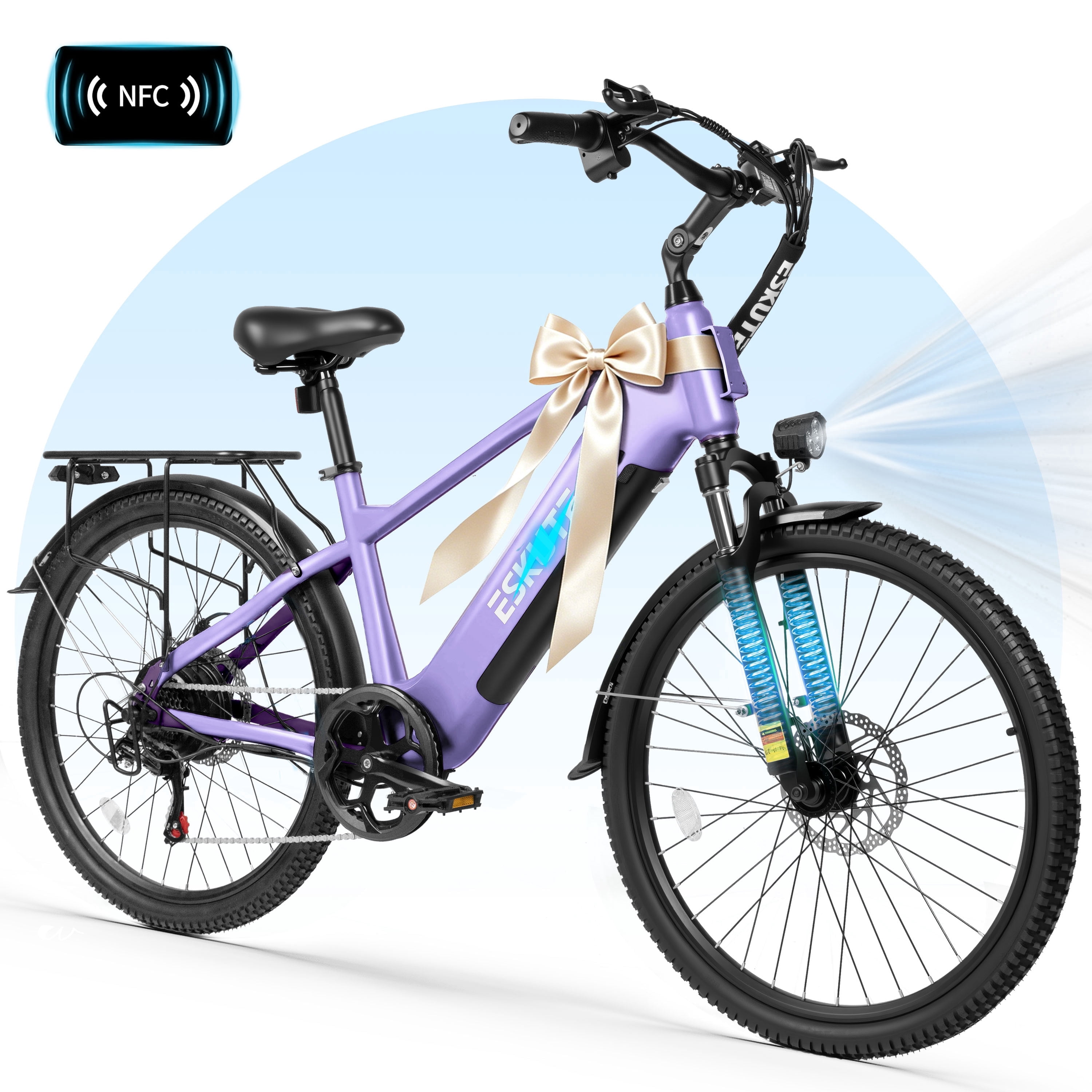 ESKUTE C200D 70-Mile Electric Bike for Adults, 840Wh Removable Battery, 500W Motor, Up to 20MPH, 26" Tires, 7-Speed Step-Over E-Bike Purple, UL2849