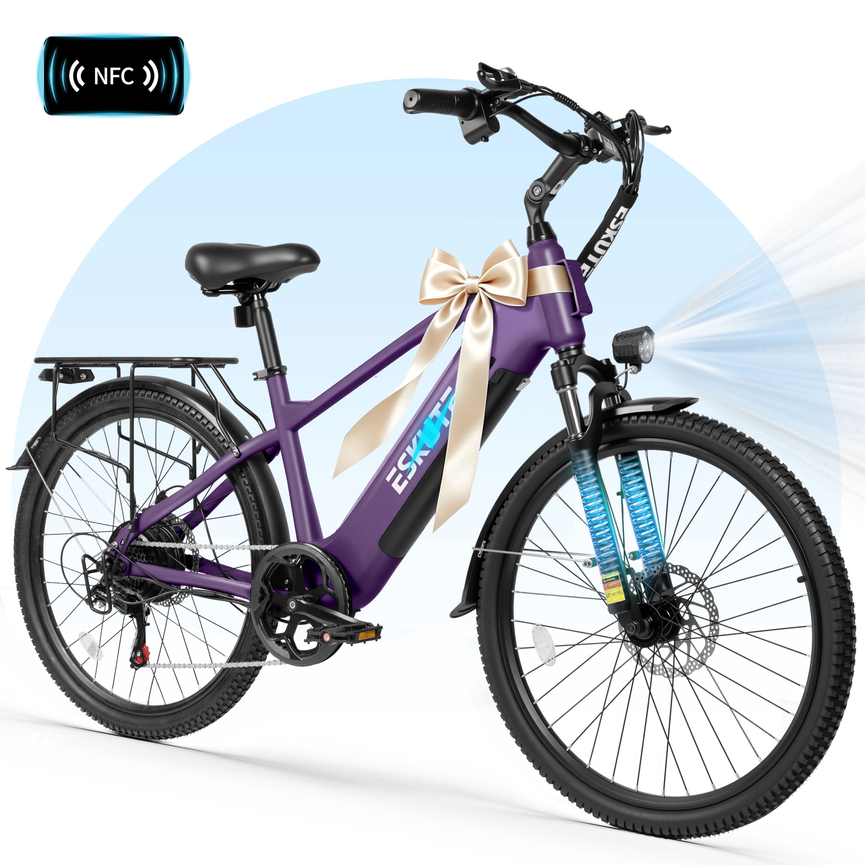 ESKUTE C200D 70-Mile Electric Bike for Adults, 840Wh Removable Battery, 500W Motor, Up to 20MPH, 26" Tires, 7-Speed Step-Over E-Bike Purple, UL2849