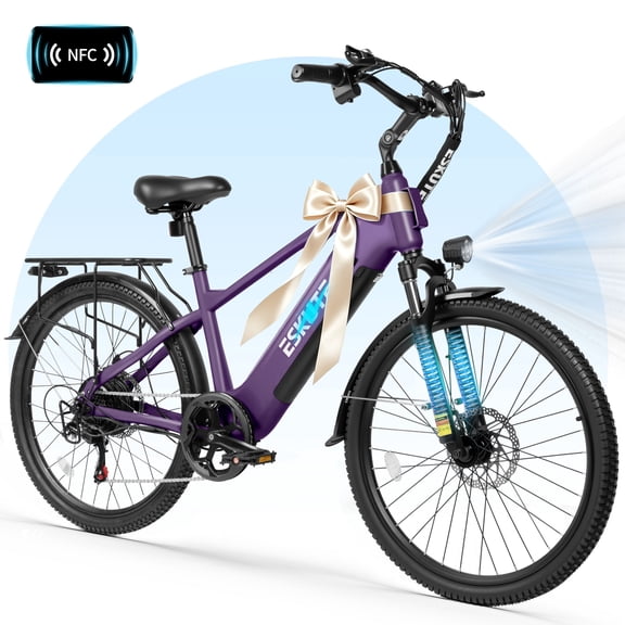 ESKUTE C200D 70-Mile Electric Bike for Adults, 840Wh Removable Battery, 500W Motor, Up to 20MPH, 26" Tires, 7-Speed Step-Over E-Bike Purple, UL2849
