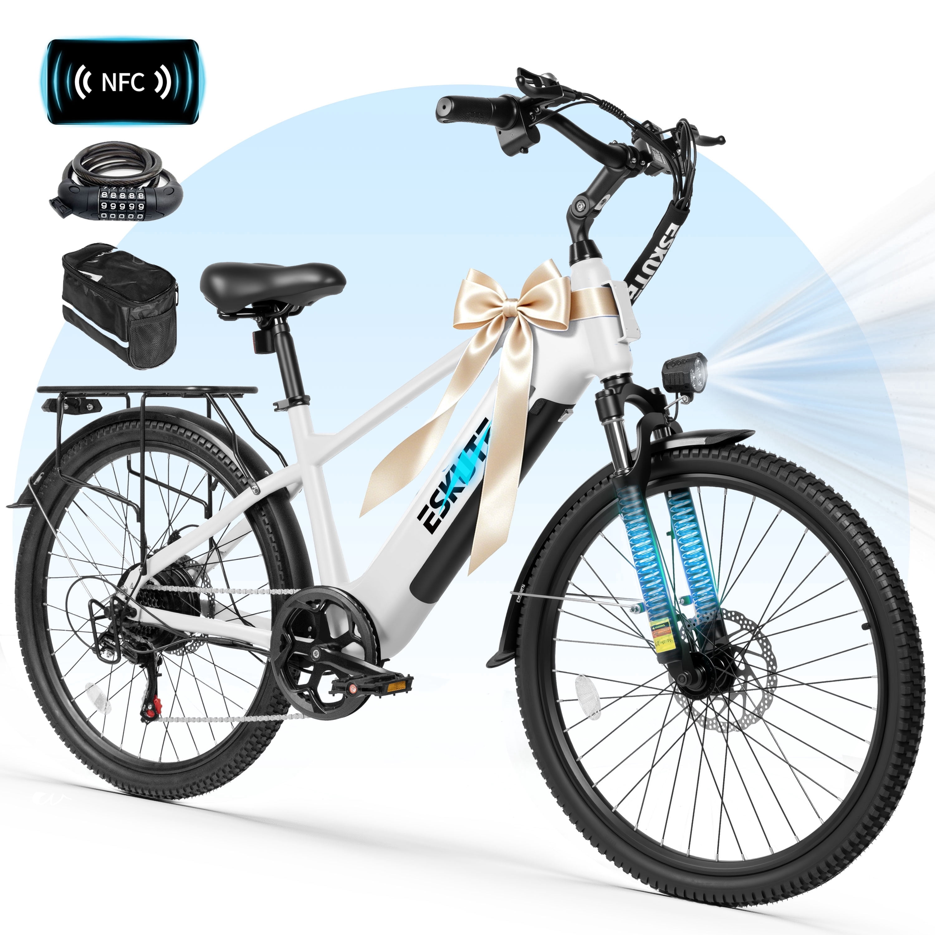 ESKUTE C200D 70-Mile Electric Bike for Adults, 840Wh Removable Battery, 500W Motor, Up to 20MPH, 26" Tires, 7-Speed Step-Over E-Bike Purple, UL2849